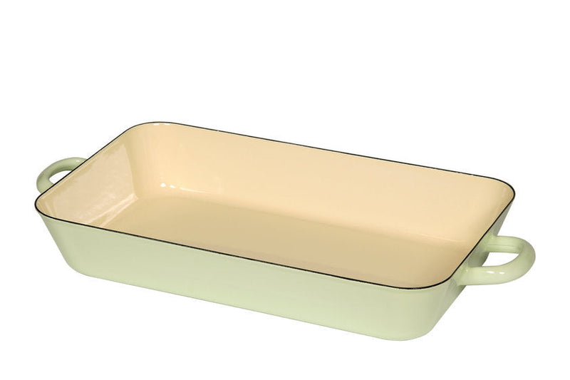 NEW SLIGHTLY DAMAGED - Gourmet Enamel Dish with Handles 1 Ltr 29x18cm mint/cream Picture Shown is for Guidance, Imperfections vary - Product is still functional