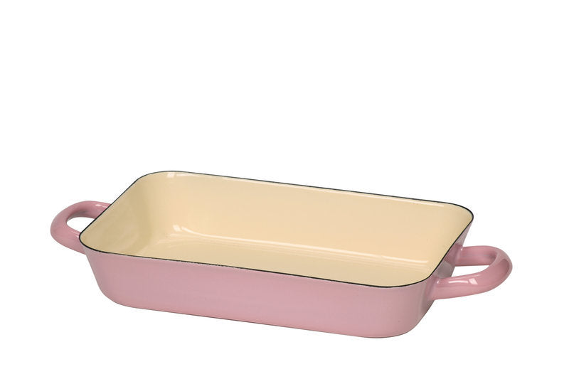 NEW SLIGHTLY DAMAGED - Gourmet Enamel Rectangle Display Dish (pink/cream) 26x17cm Picture Shown is for Guidance, Imperfections vary - Product is still functional