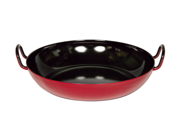 NEW SLIGHTLY DAMAGED - Gourmet enamelled round Pan with Handles 30cm (red/black) Picture Shown is for Guidance, Imperfections vary - Product is still functional