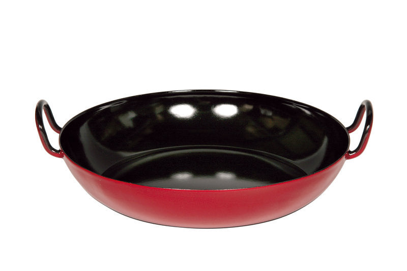 NEW SLIGHTLY DAMAGED - Gourmet enamelled round Pan with Handles 30cm (red/black) Picture Shown is for Guidance, Imperfections vary - Product is still functional